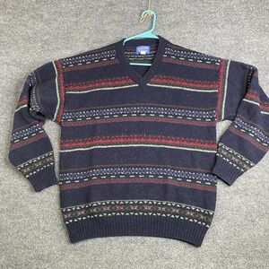 Pendleton Sweater Mens Large Blue Wool Nylon V Neck Fair Isle Knit Pullover USA